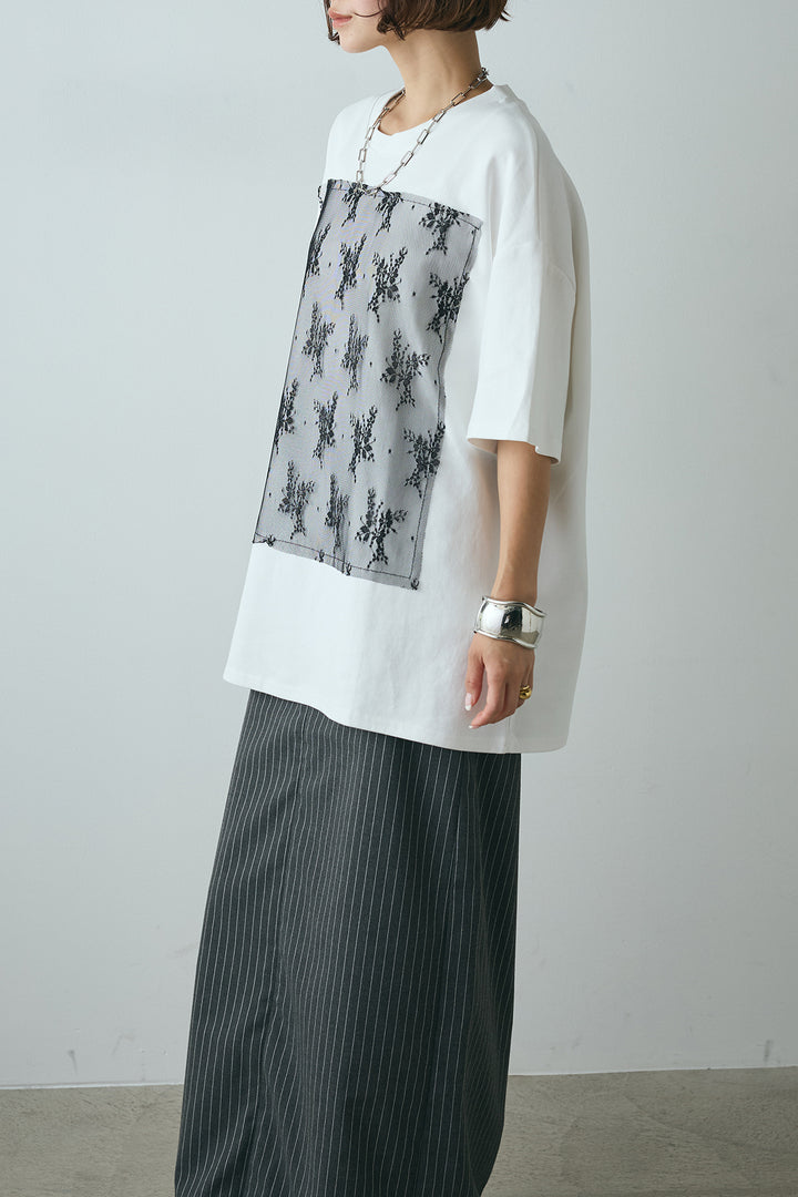 [SET]スクエアレース刺繍Tシャツ+ストライプストレートスカート(2set)