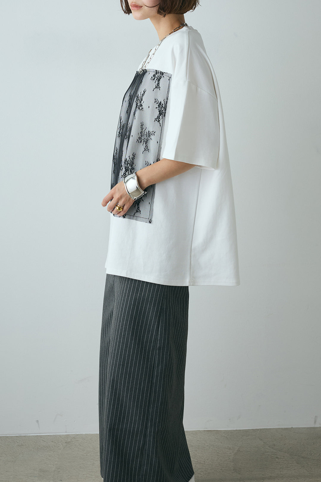 [SET]スクエアレース刺繍Tシャツ+ストライプストレートスカート(2set)
