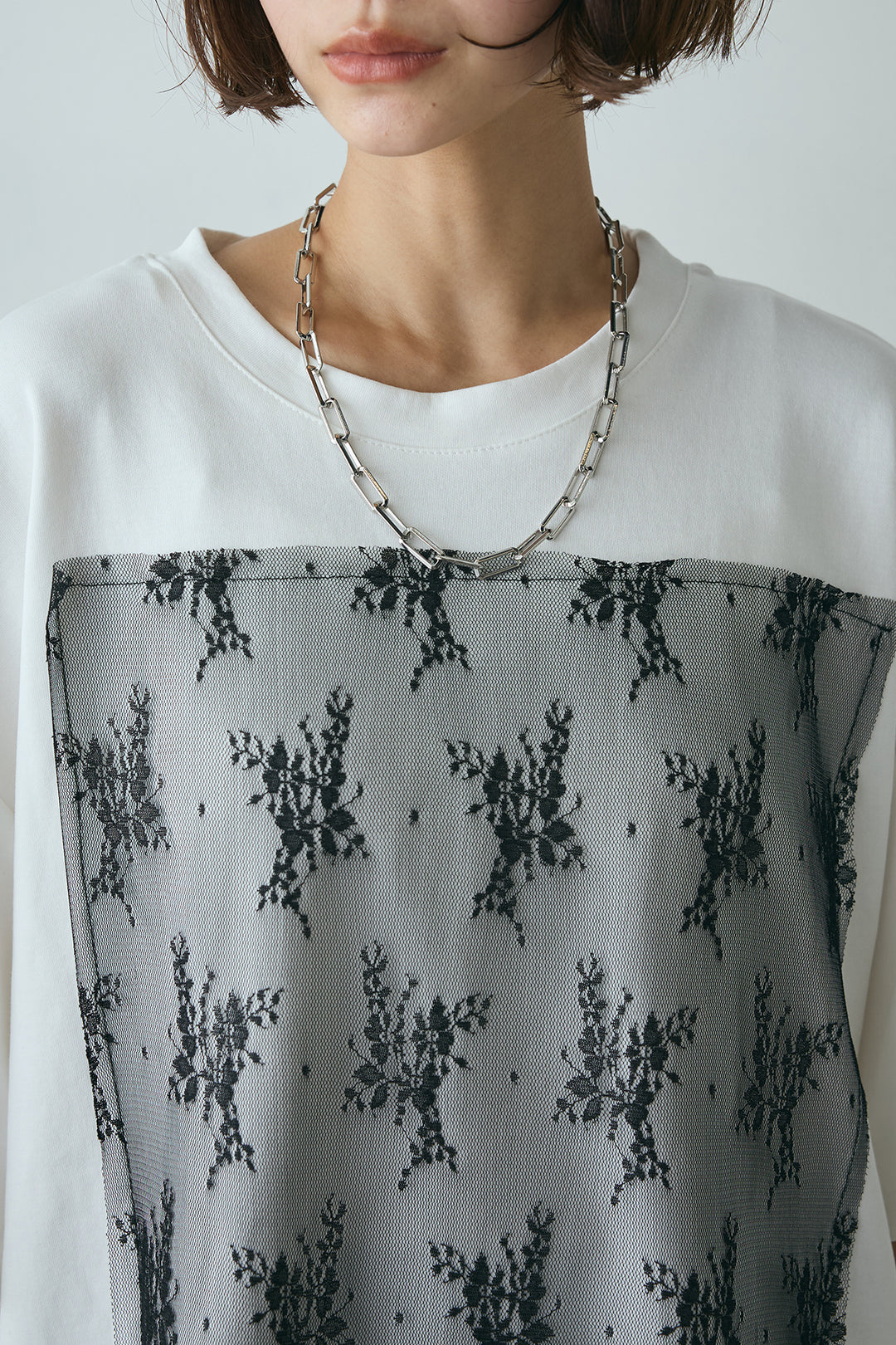 [SET]スクエアレース刺繍Tシャツ+ストライプストレートスカート(2set)