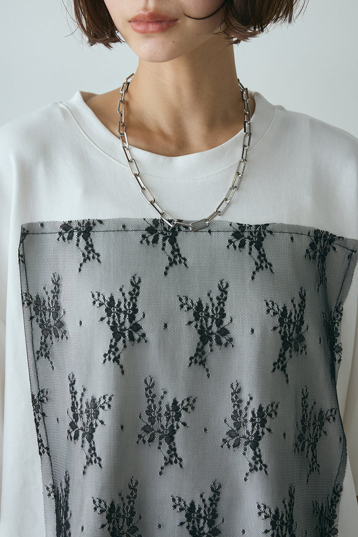 [SET]スクエアレース刺繍Tシャツ+ストライプストレートスカート(2set)