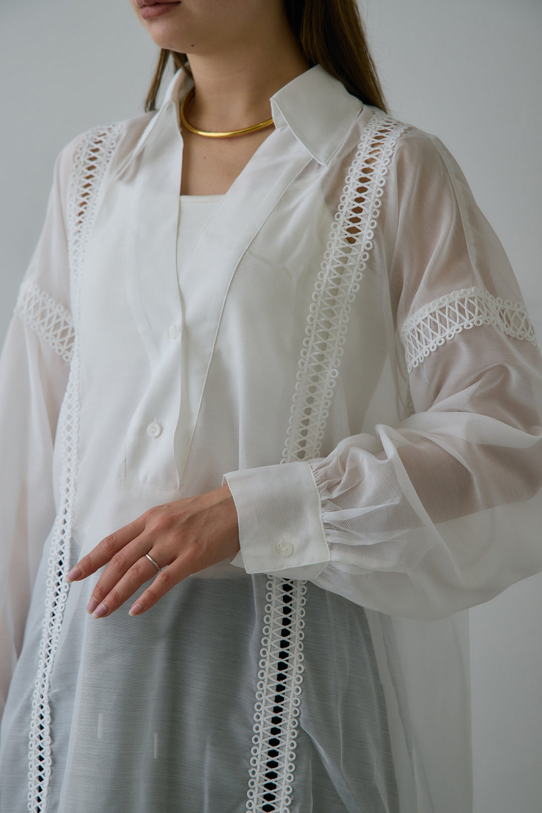 [SET]襟付き深Vネック刺繍シアーシャツ+ストレートデニムパンツ(2set)