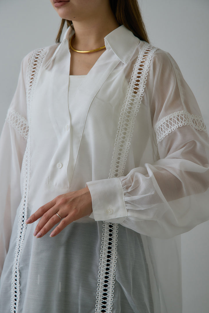[SET]襟付き深Vネック刺繍シアーシャツ+ストレートデニムパンツ(2set)