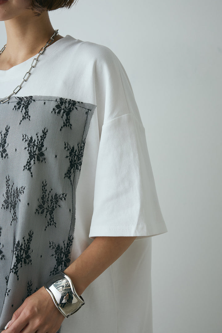 [SET]スクエアレース刺繍Tシャツ+ストライプストレートスカート(2set)