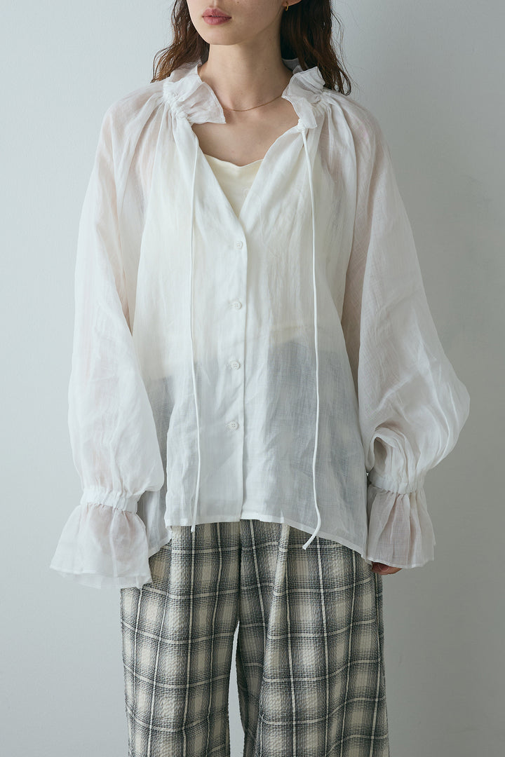 [SET]V開きフリルシアーブラウス+タータンチェックワイドパンツ(2set)