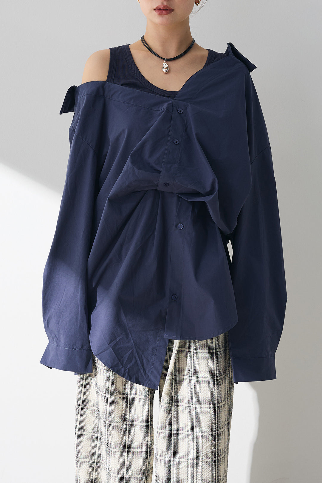 [SET]タンク付きアシメシャツ+タータンチェックワイドパンツ(2set)