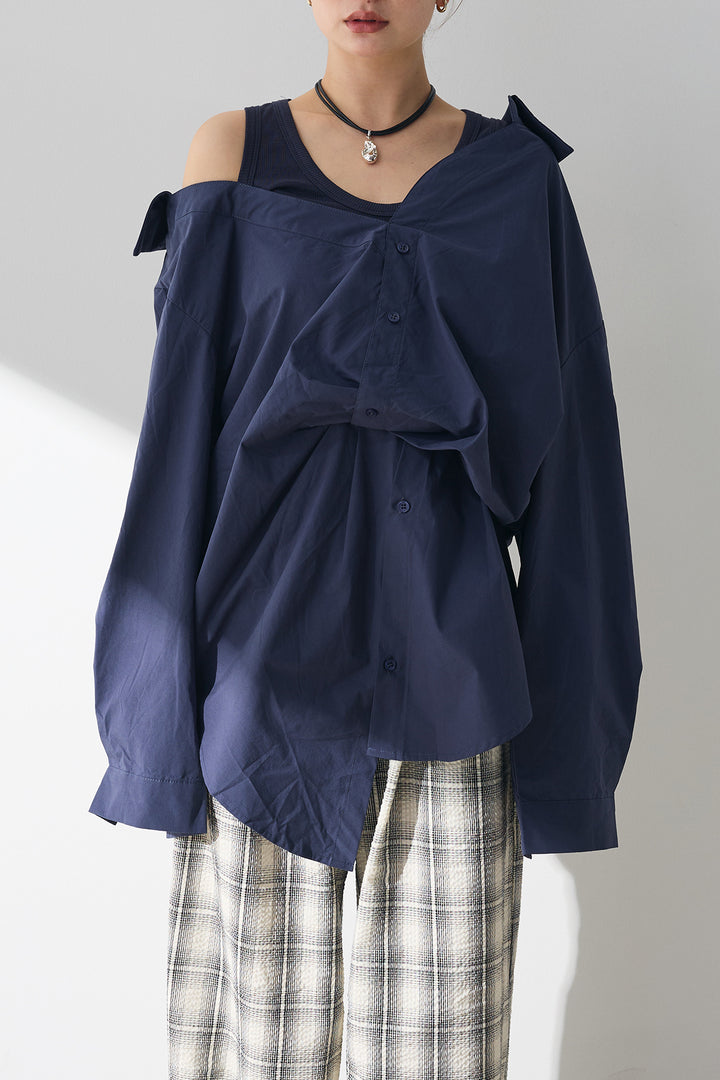 [SET]タンク付きアシメシャツ+タータンチェックワイドパンツ(2set)