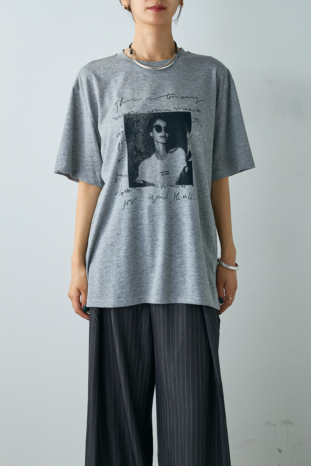 [SET]ニュアンス英字フォトプリントTシャツ+ラップスカート付きレイヤードワイドパンツ(2set)