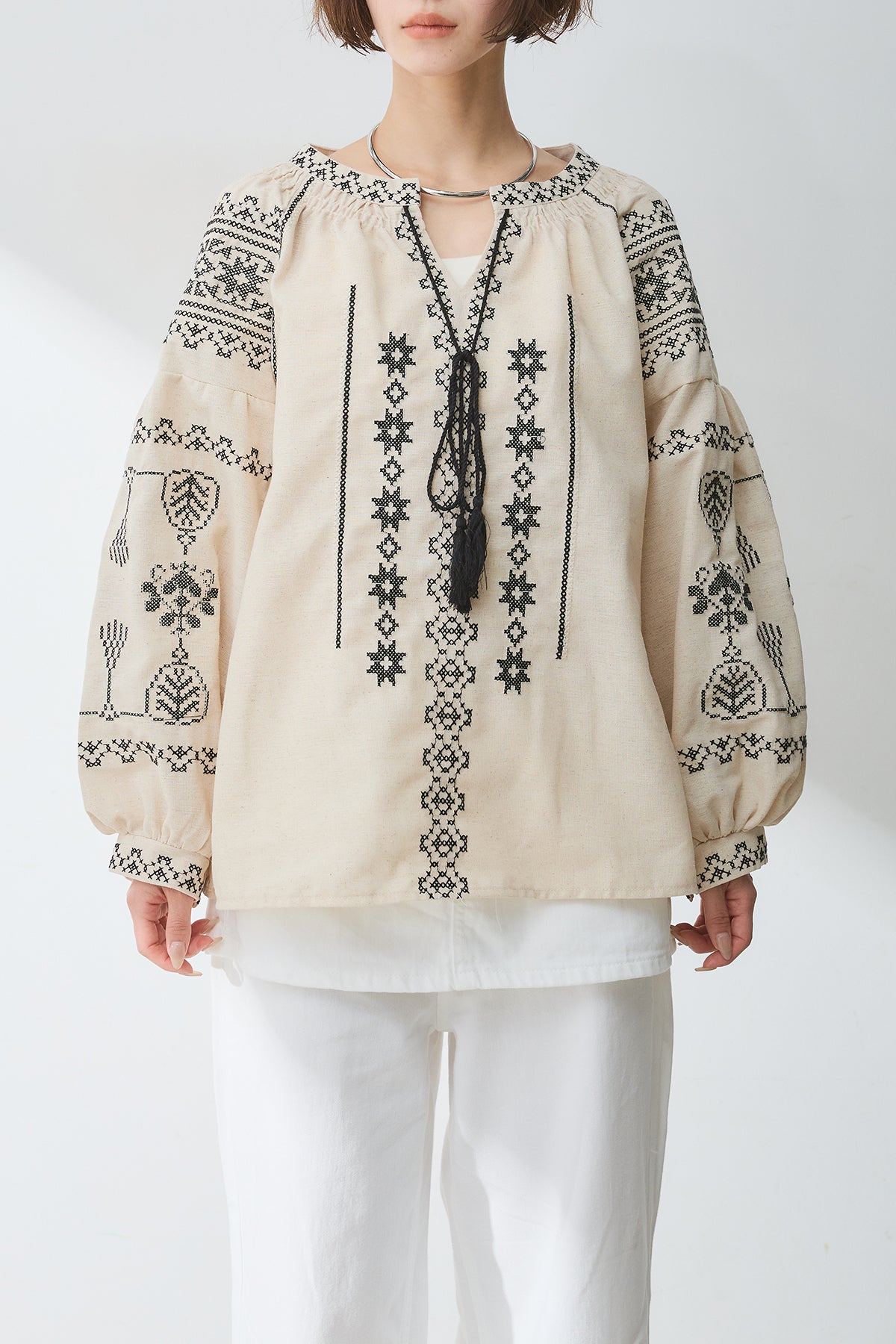 SET]刺繍バルーンブラウス+デニムフロントジップVネック