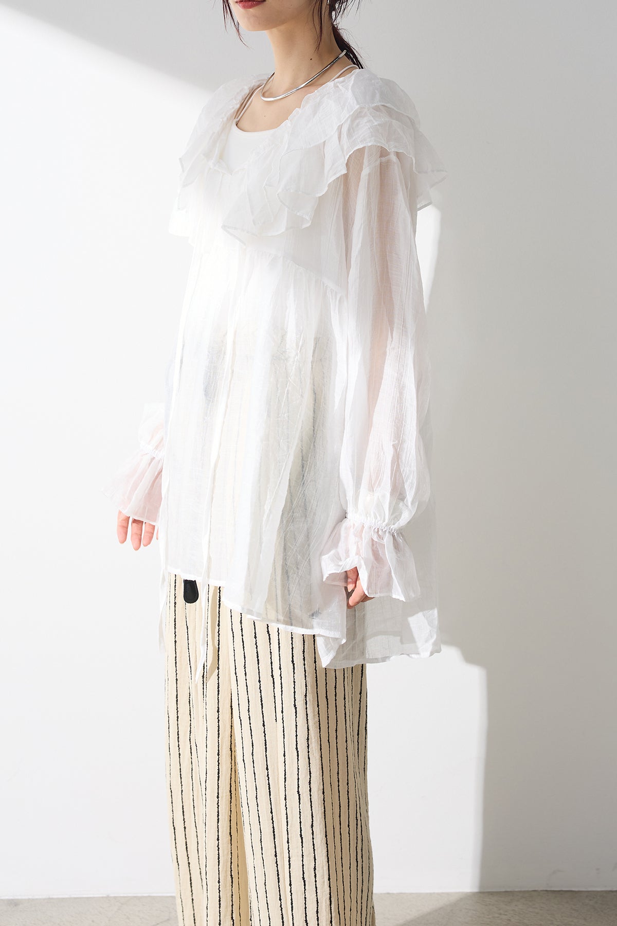 SET]フリルラッフルシアーブラウス+ダブルウエストデニムパンツ(2set