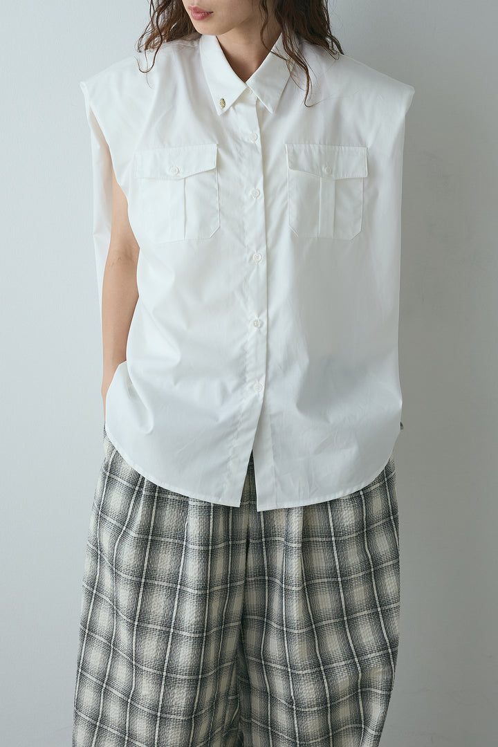 [SET]ウエスト巻きノースリーブシャツ+タータンチェックワイドパンツ(2set)