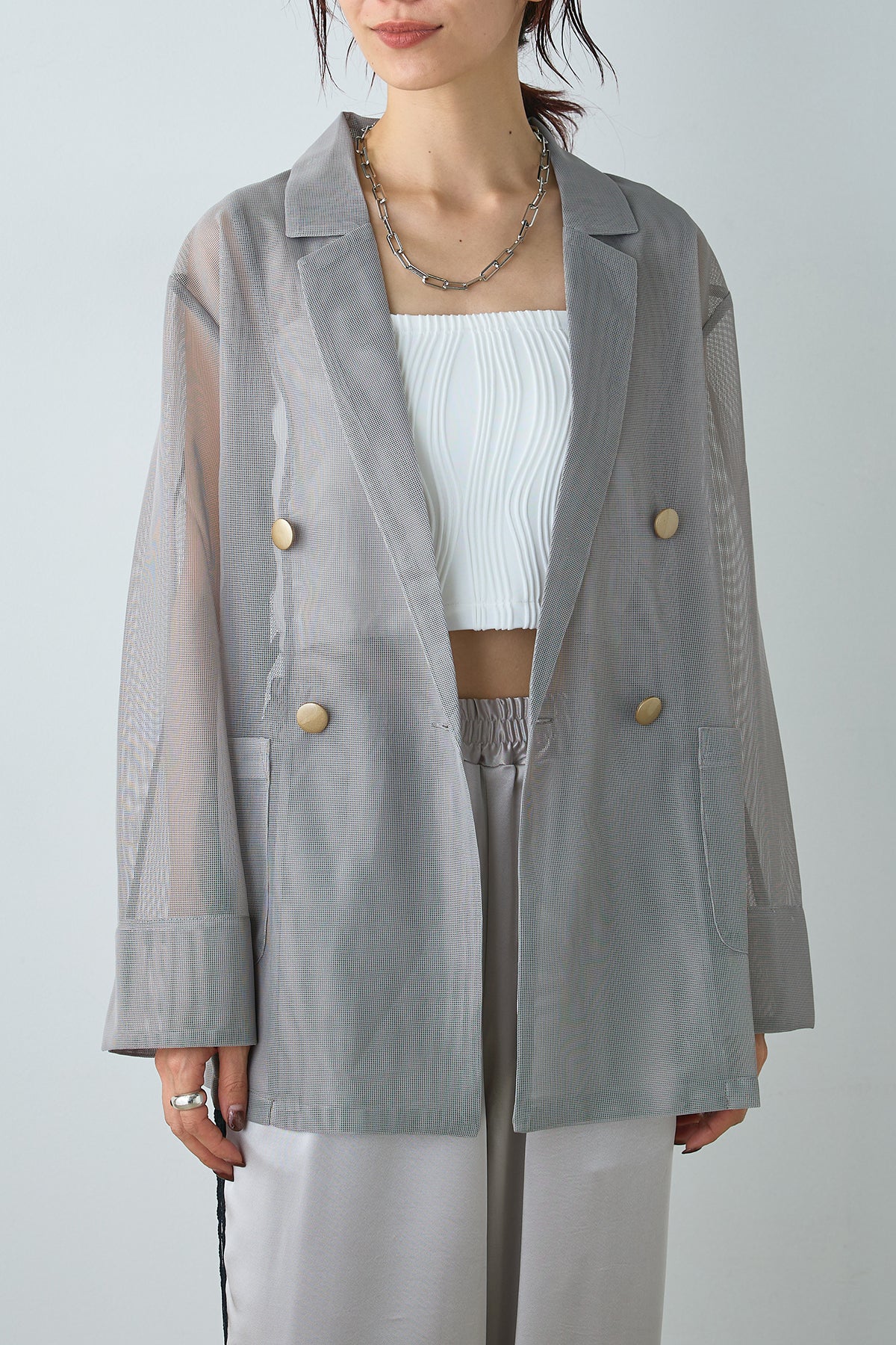 SET]シアーダブルテーラードジャケット+サテンレースライン