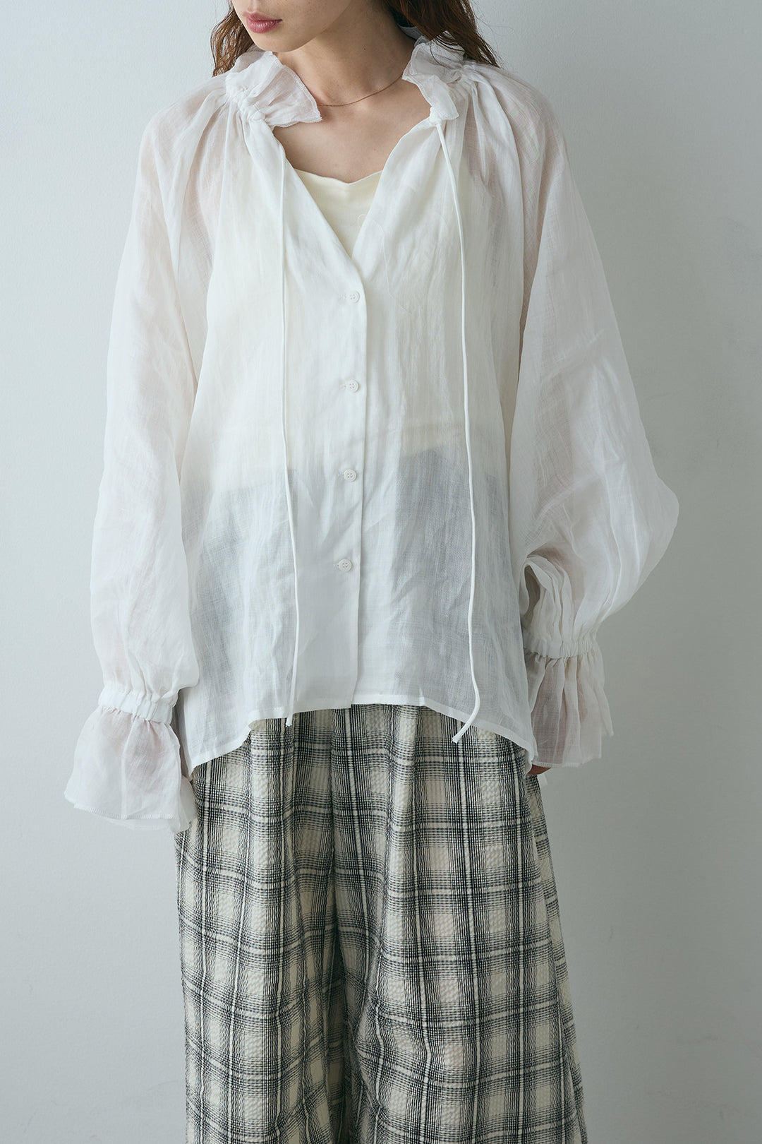 [SET]V開きフリルシアーブラウス+タータンチェックワイドパンツ(2set)