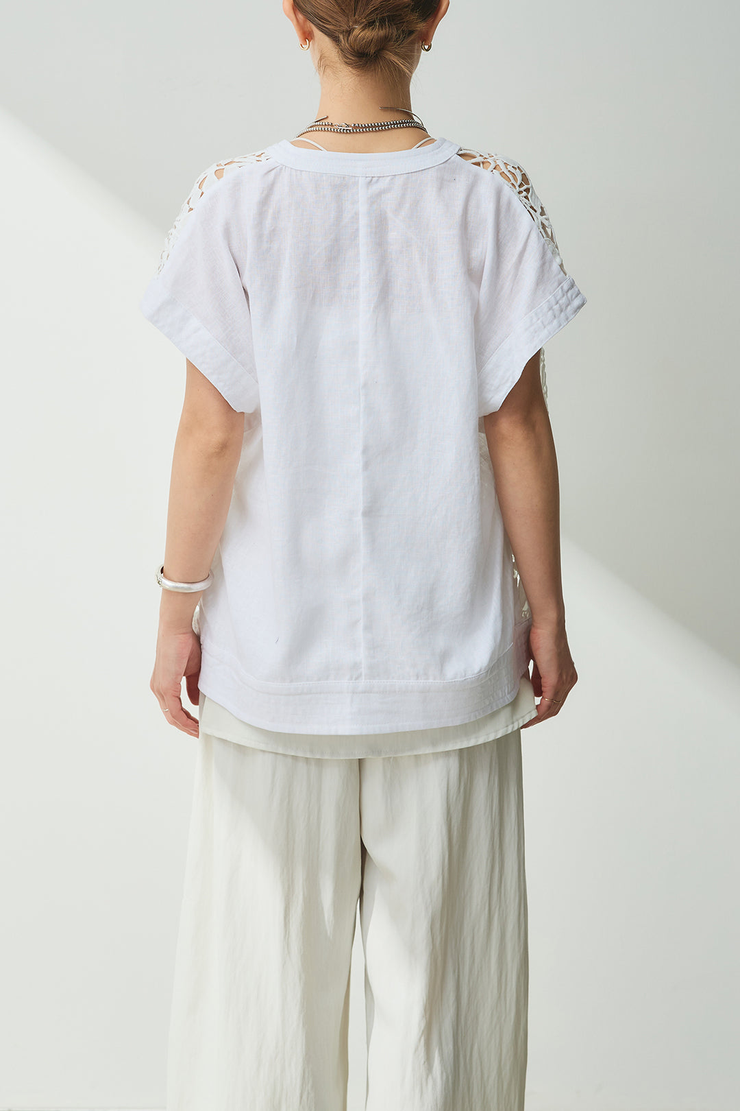[SET]リネンフラワー鍵編みベスト+タータンチェックワイドパンツ(2set)