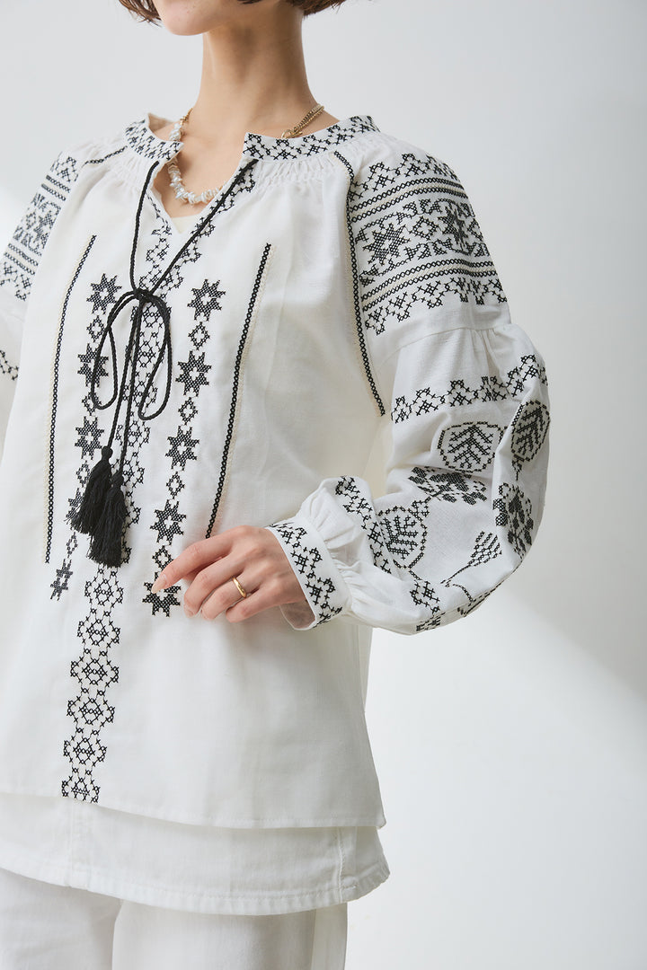 [SET]刺繍バルーンブラウス+デニムフロントジップVネックサロペット(2set)