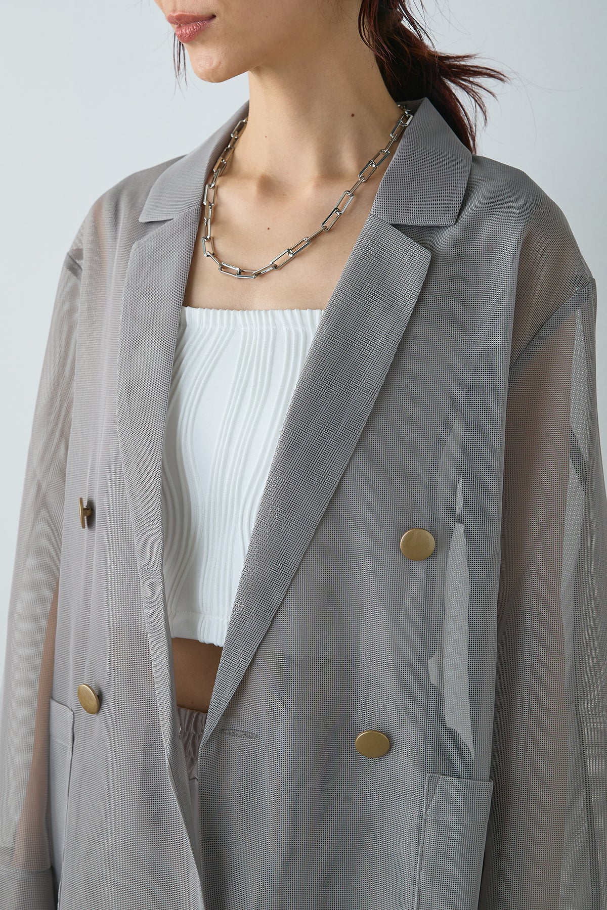 ESICA シアーダブルテーラードジャケット SET]シアーダブルテーラードジャケット+サテンレースライン