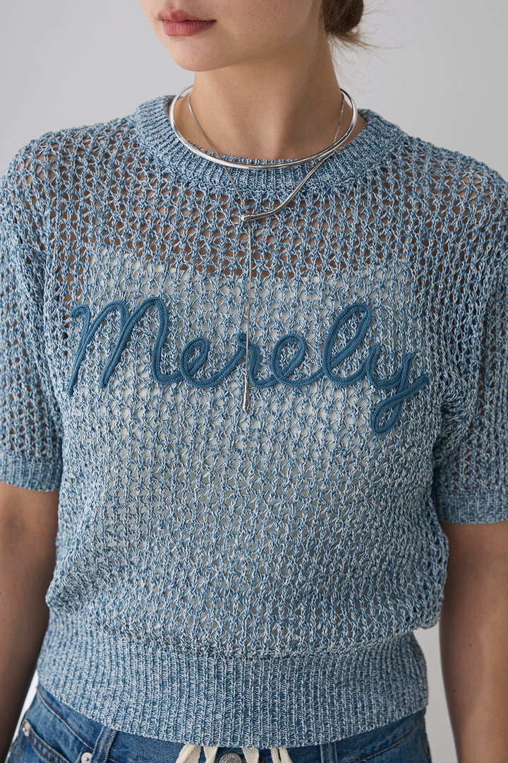 [SET]コード刺繍ロゴ入り麻タッチプルオーバー+ダブルウエストデニムパンツ(2set)