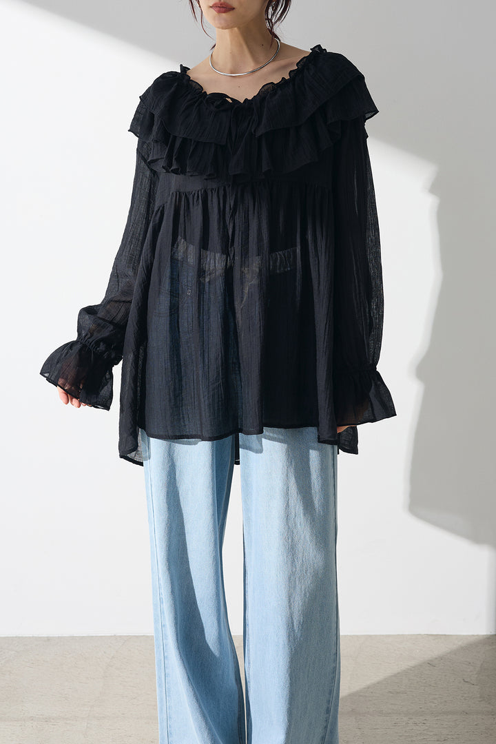【着回しセット】フリルラッフルシアーブラウス+フリルラッフルシアーブラウス+デニムベアトップサロペット(3set)