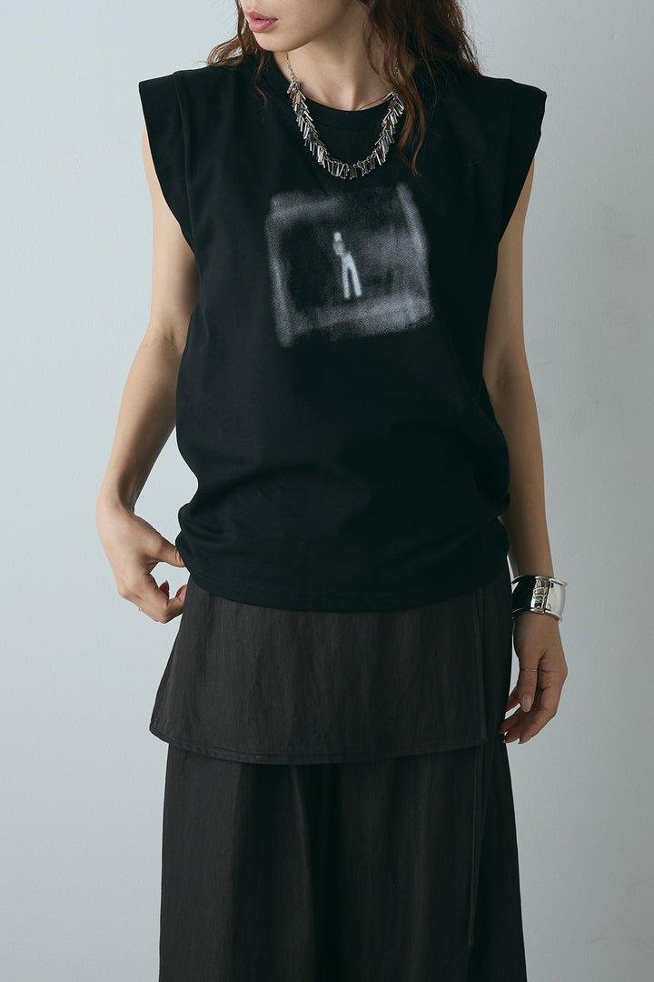 [SET]ぼかしプリントノースリーブTシャツ+ウエストレイヤードスカートパンツ(2set)