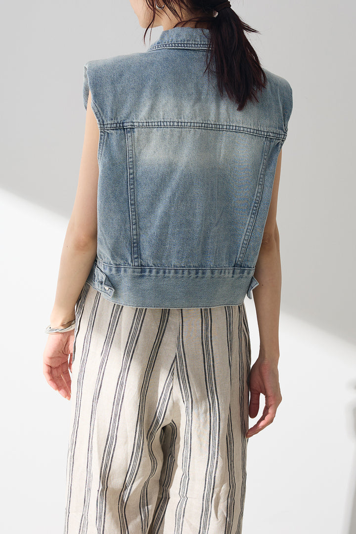 [SET]コンパクトデニムベスト+シャーリングシアータンクxリブタンクSET+タータンチェックワイドパンツ(3set)