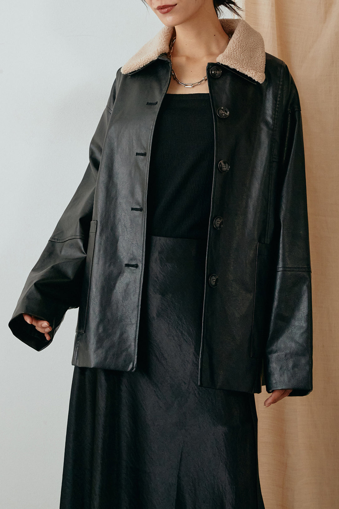 [SET]フェイクレザー2WAY襟ボアカバーオール+ブロックレースストレートワイドパンツ(2set)