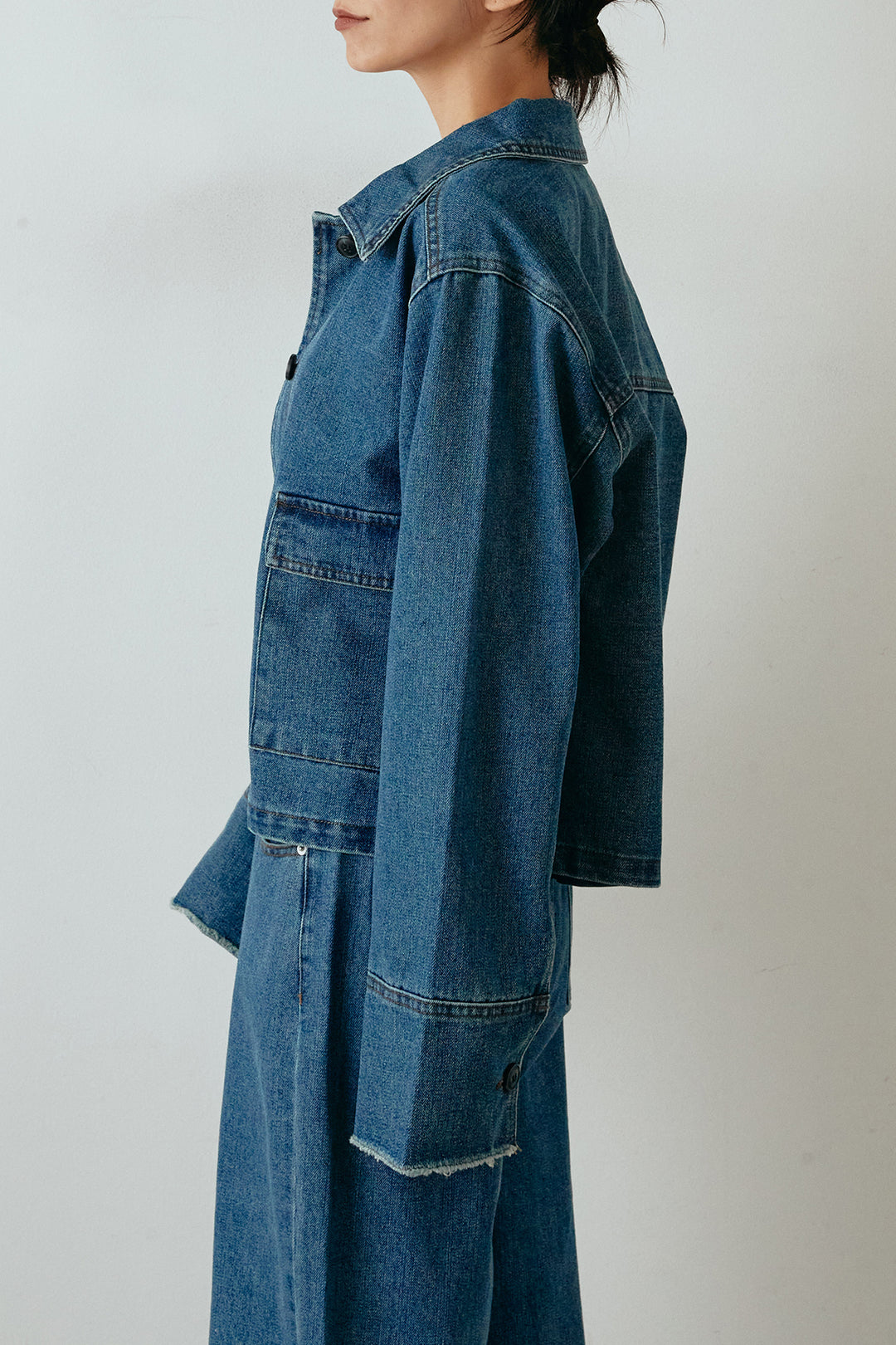 [SET]袖切りっぱなしデニムジャケット+フェイクレザーベルト付きタータンチェックパンツ(2set)