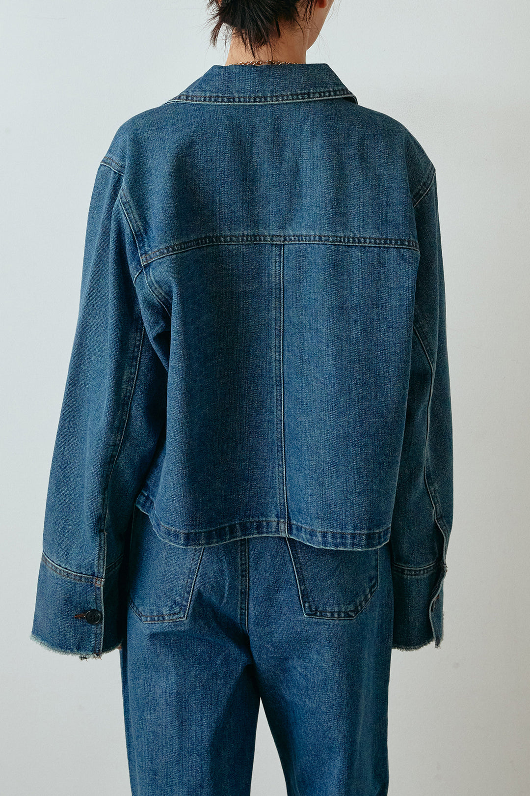 [SET]袖切りっぱなしデニムジャケット+フェイクレザーベルト付きタータンチェックパンツ(2set)