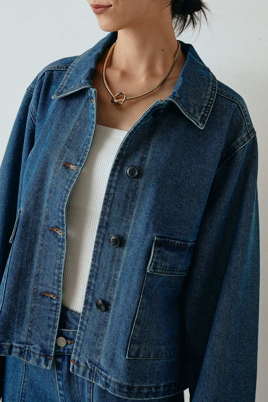 [SET]袖切りっぱなしデニムジャケット+フェイクレザーベルト付きタータンチェックパンツ(2set)