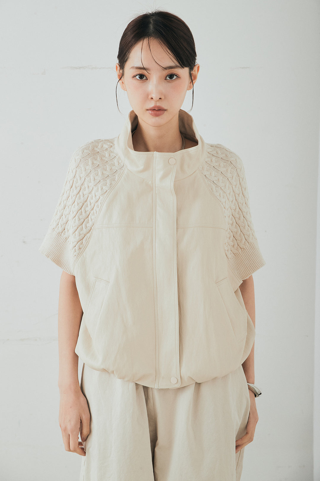 [SET]ニット切替レザーライクベスト+シアサッカーイージーパンツ(2set)