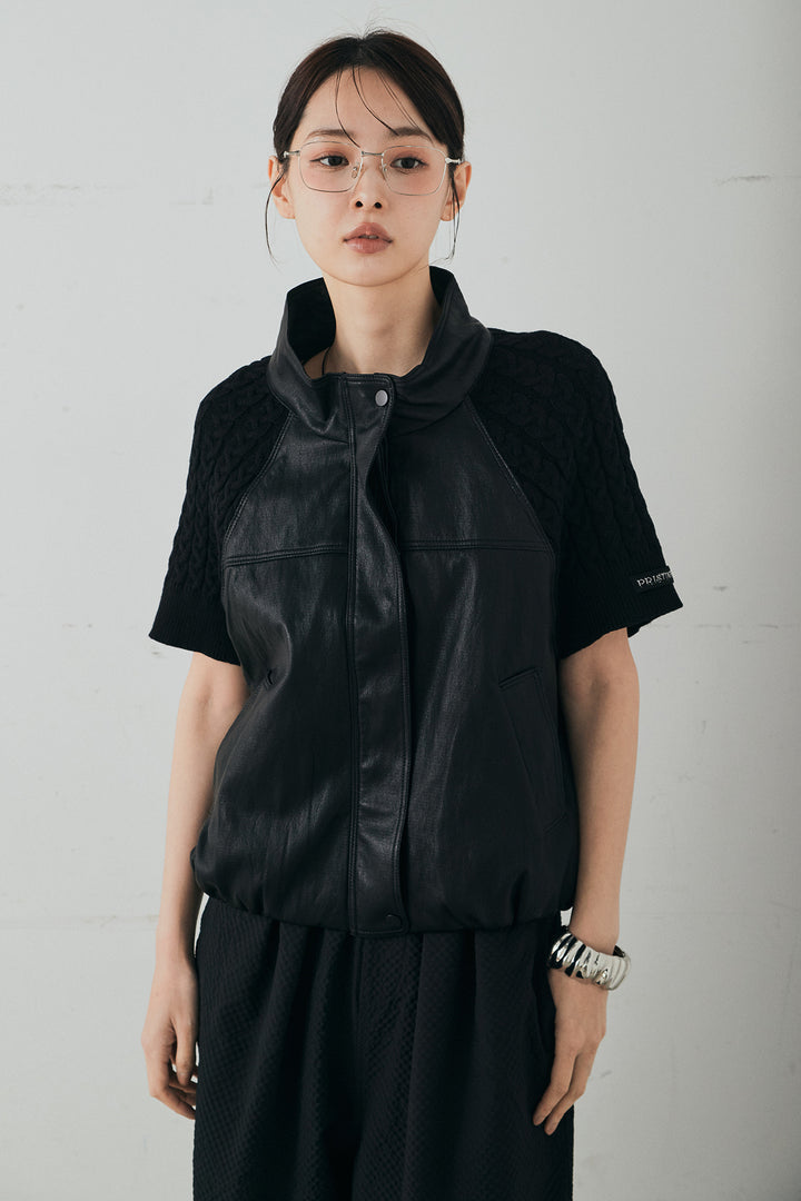 [SET]ニット切替レザーライクベスト+シアサッカーイージーパンツ(2set)