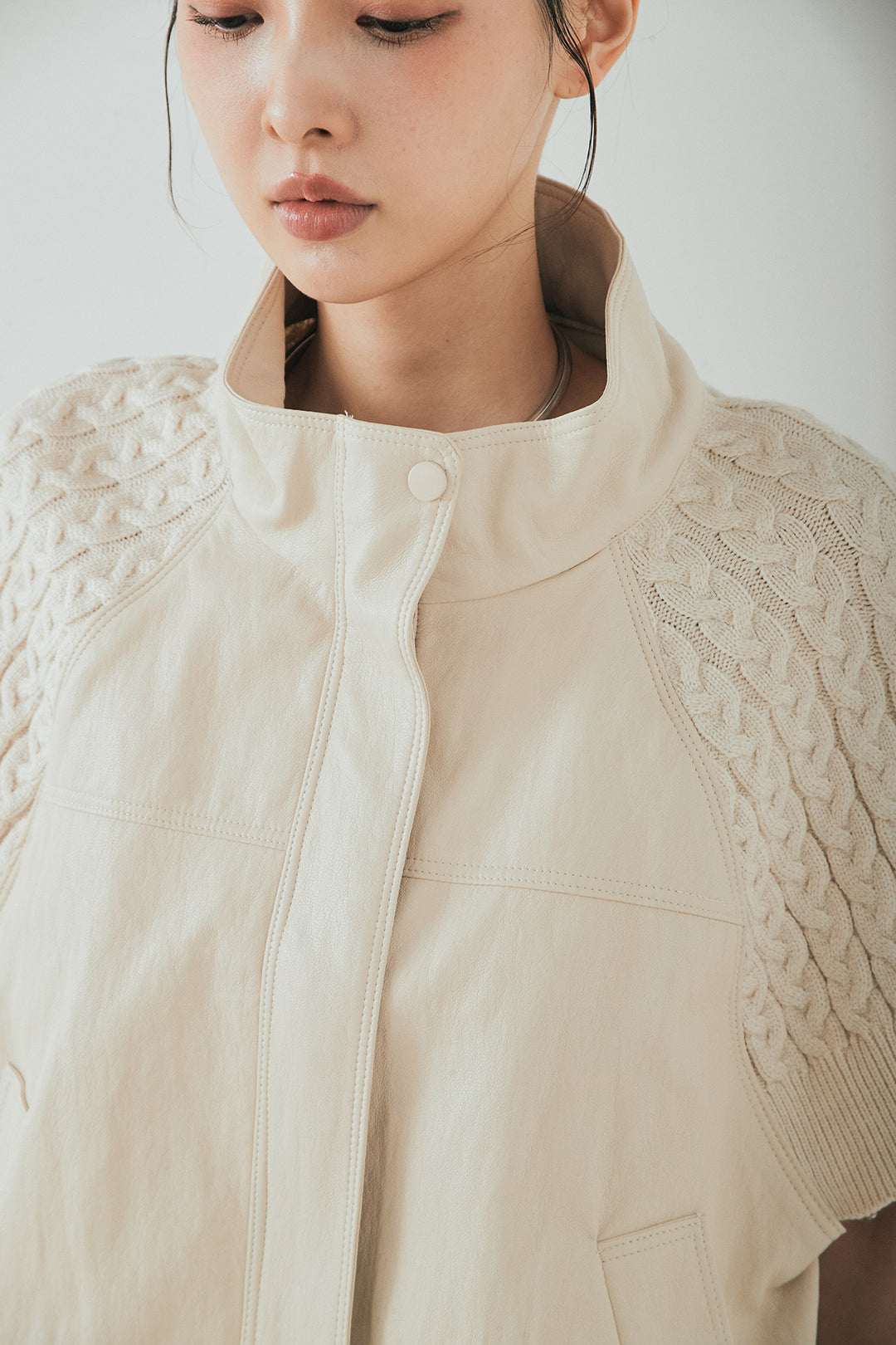 [SET]ニット切替レザーライクベスト+シアサッカーイージーパンツ(2set)