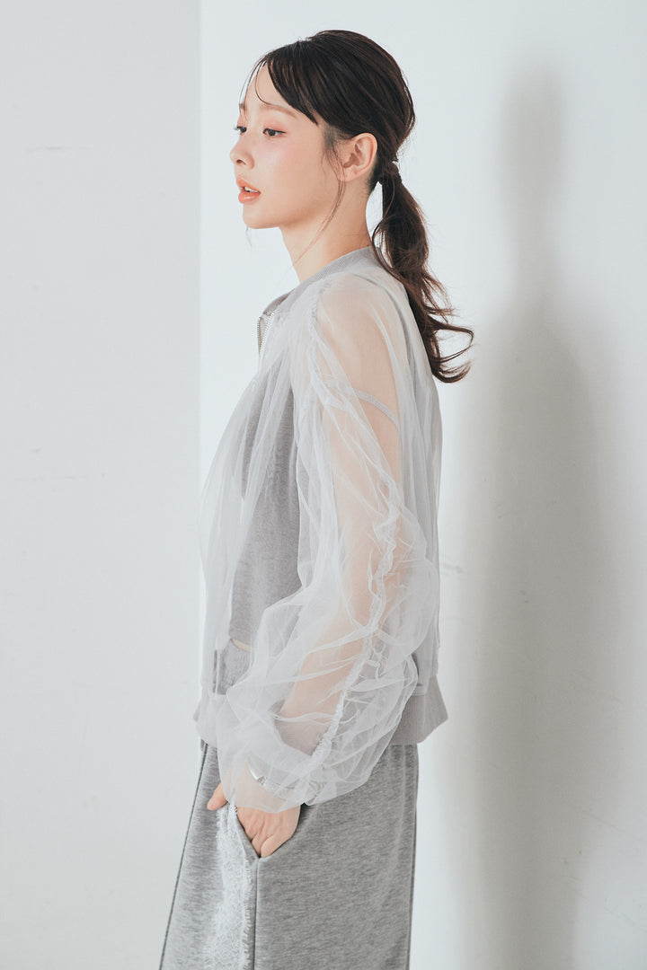 [SET]エアリーチュールスリーブシアーブルゾン+Wフェイスカットソーサイドレースラインパンツ(2set)