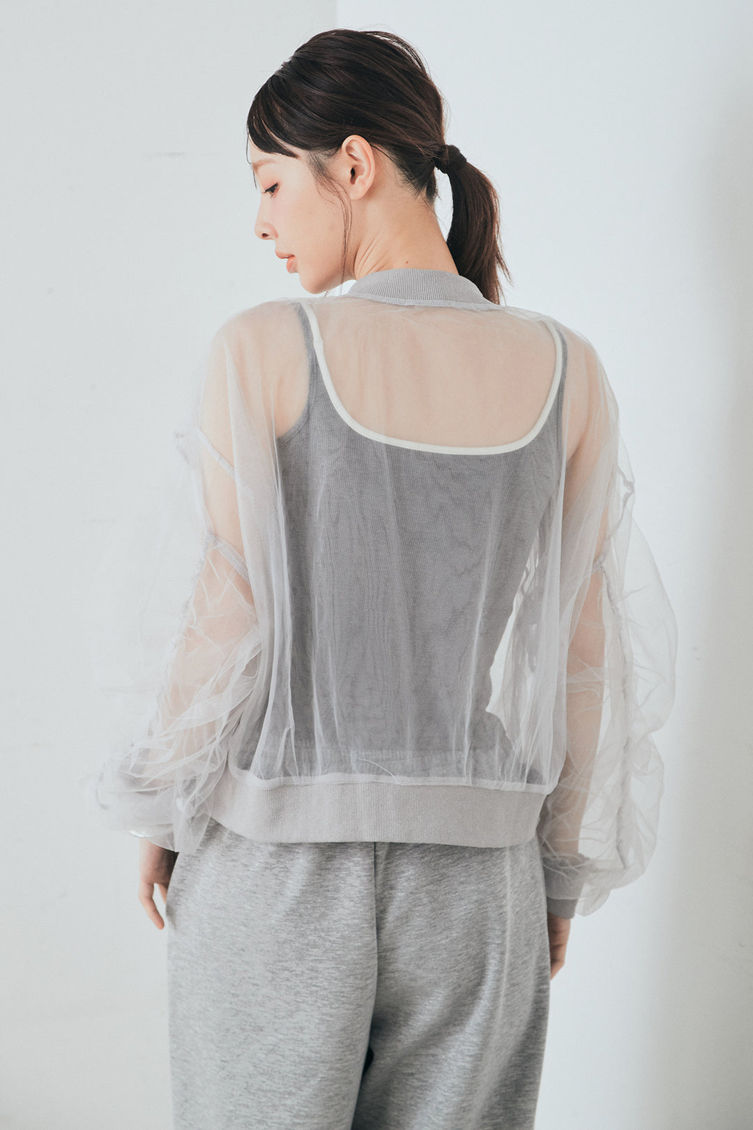 [SET]エアリーチュールスリーブシアーブルゾン+Wフェイスカットソーサイドレースラインパンツ(2set)