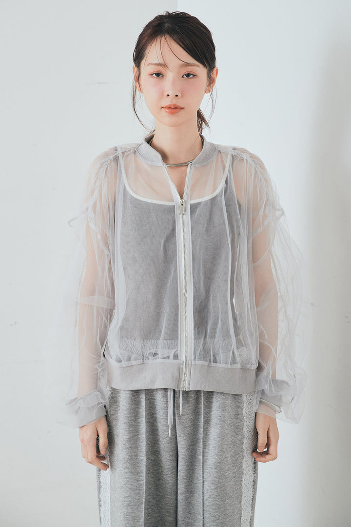 [SET]エアリーチュールスリーブシアーブルゾン+Wフェイスカットソーサイドレースラインパンツ(2set)