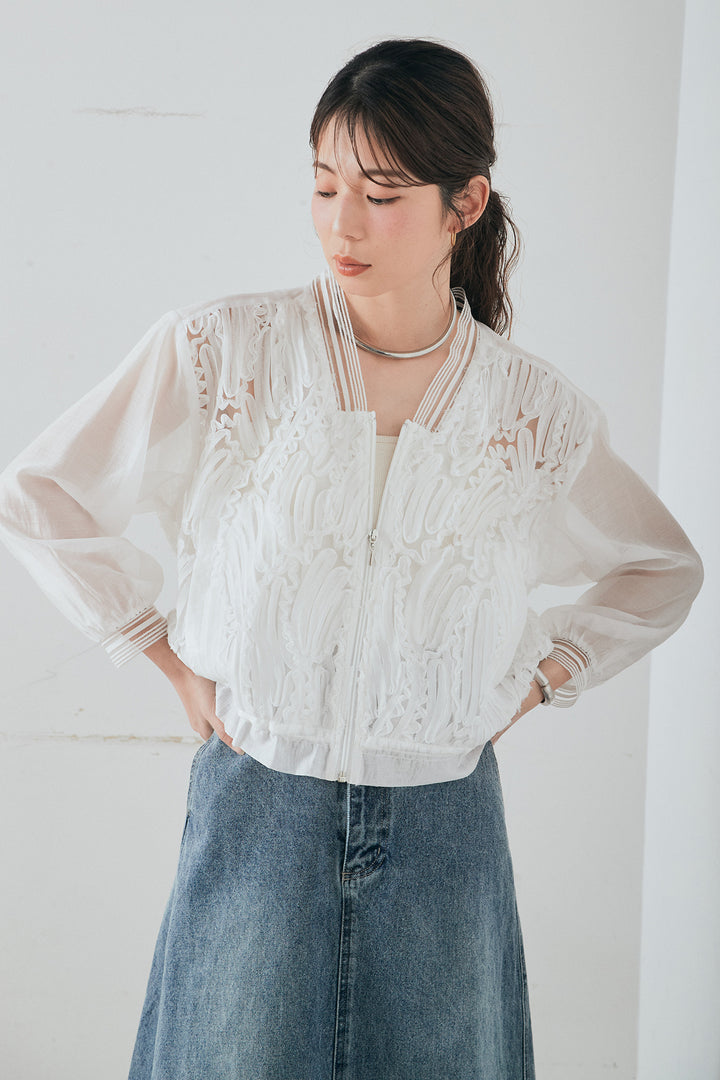 [SET]モチーフ付きシアーブルゾン+デニムロングフレアスカート(2set)