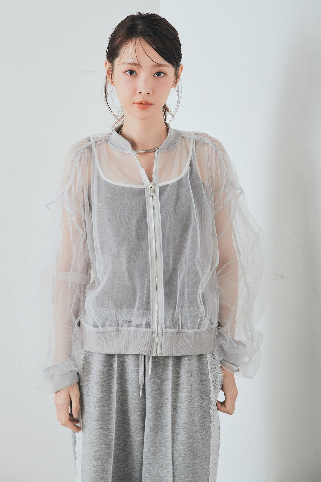 [SET]エアリーチュールスリーブシアーブルゾン+Wフェイスカットソーサイドレースラインパンツ(2set)