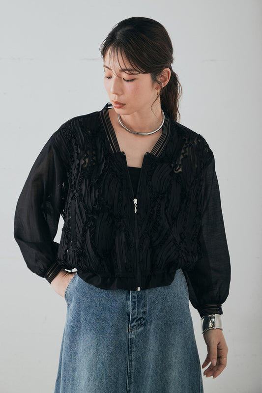 【着回しセット】[SET]ミックスメッシュキーネックプルオーバー+モチーフ付きシアーブルゾン+ベルト付きツータックワイドパンツ(3set)