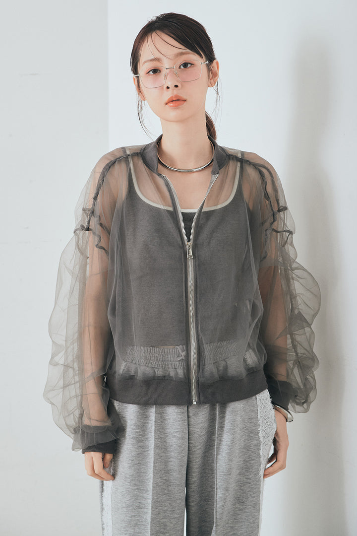 [SET]エアリーチュールスリーブシアーブルゾン+Wフェイスカットソーサイドレースラインパンツ(2set)