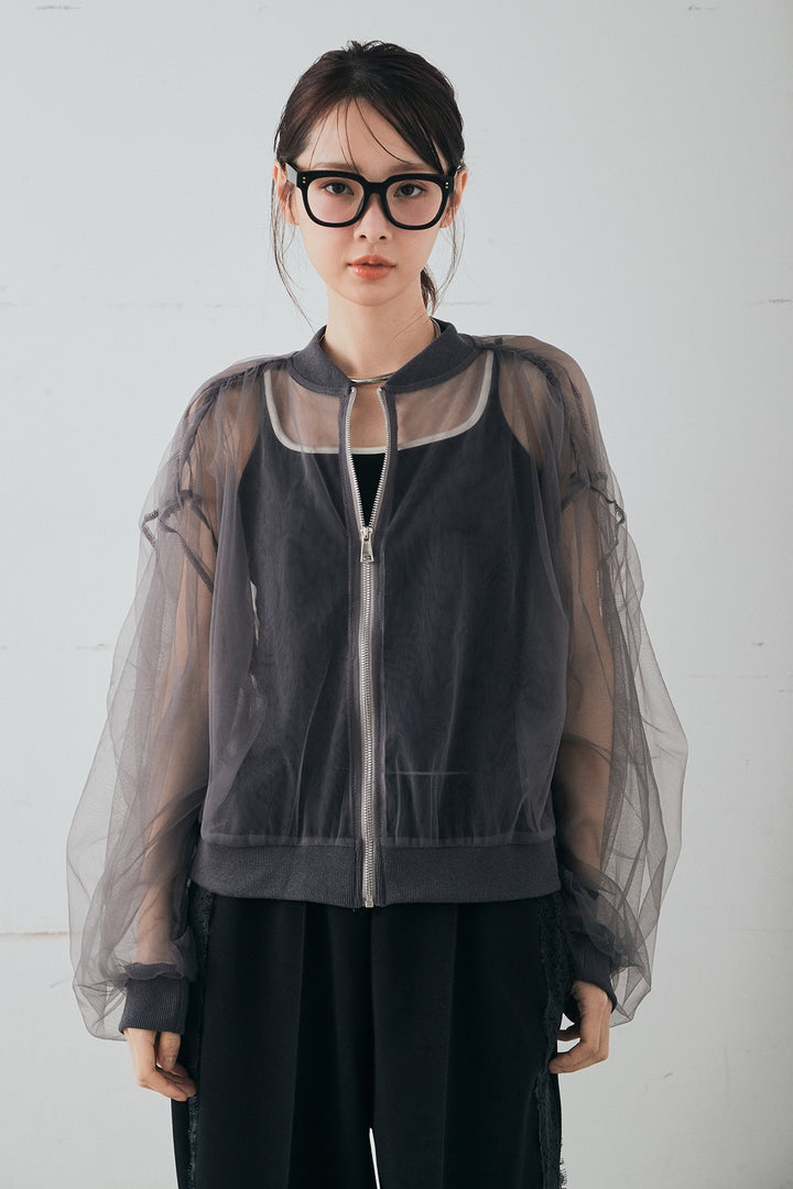 [SET]エアリーチュールスリーブシアーブルゾン+Wフェイスカットソーサイドレースラインパンツ(2set)