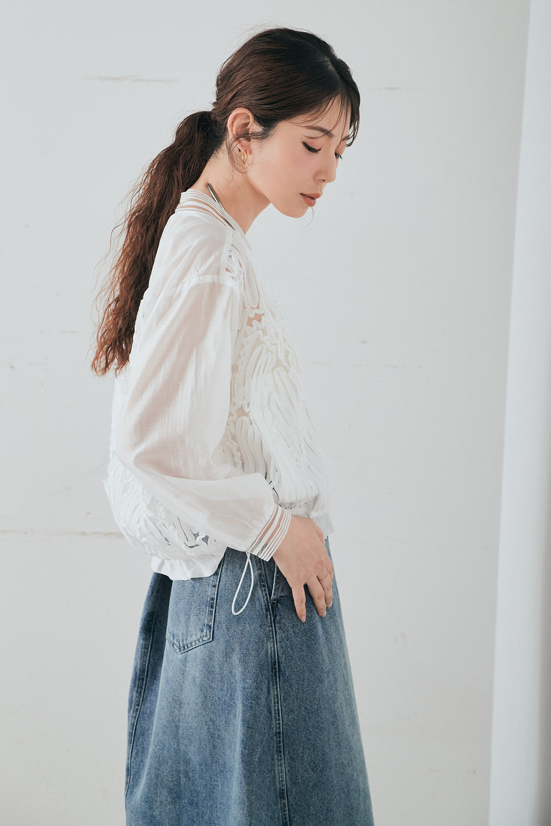 [SET]モチーフ付きシアーブルゾン+デニムロングフレアスカート(2set)