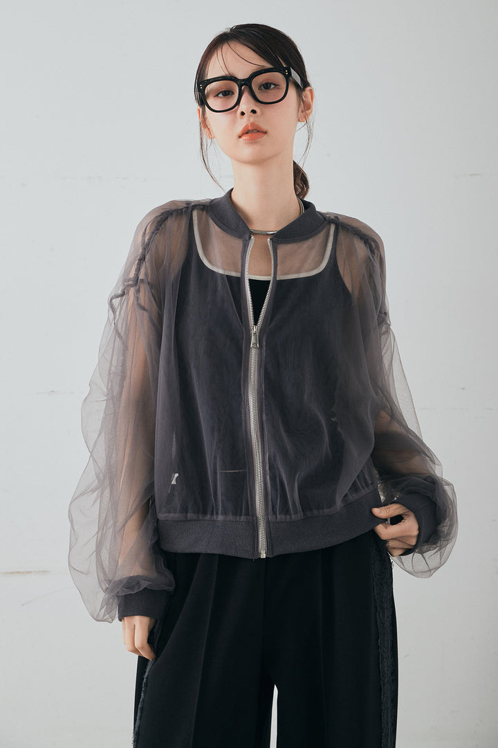 [SET]エアリーチュールスリーブシアーブルゾン+Wフェイスカットソーサイドレースラインパンツ(2set)