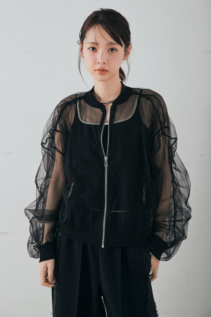 [SET]エアリーチュールスリーブシアーブルゾン+Wフェイスカットソーサイドレースラインパンツ(2set)