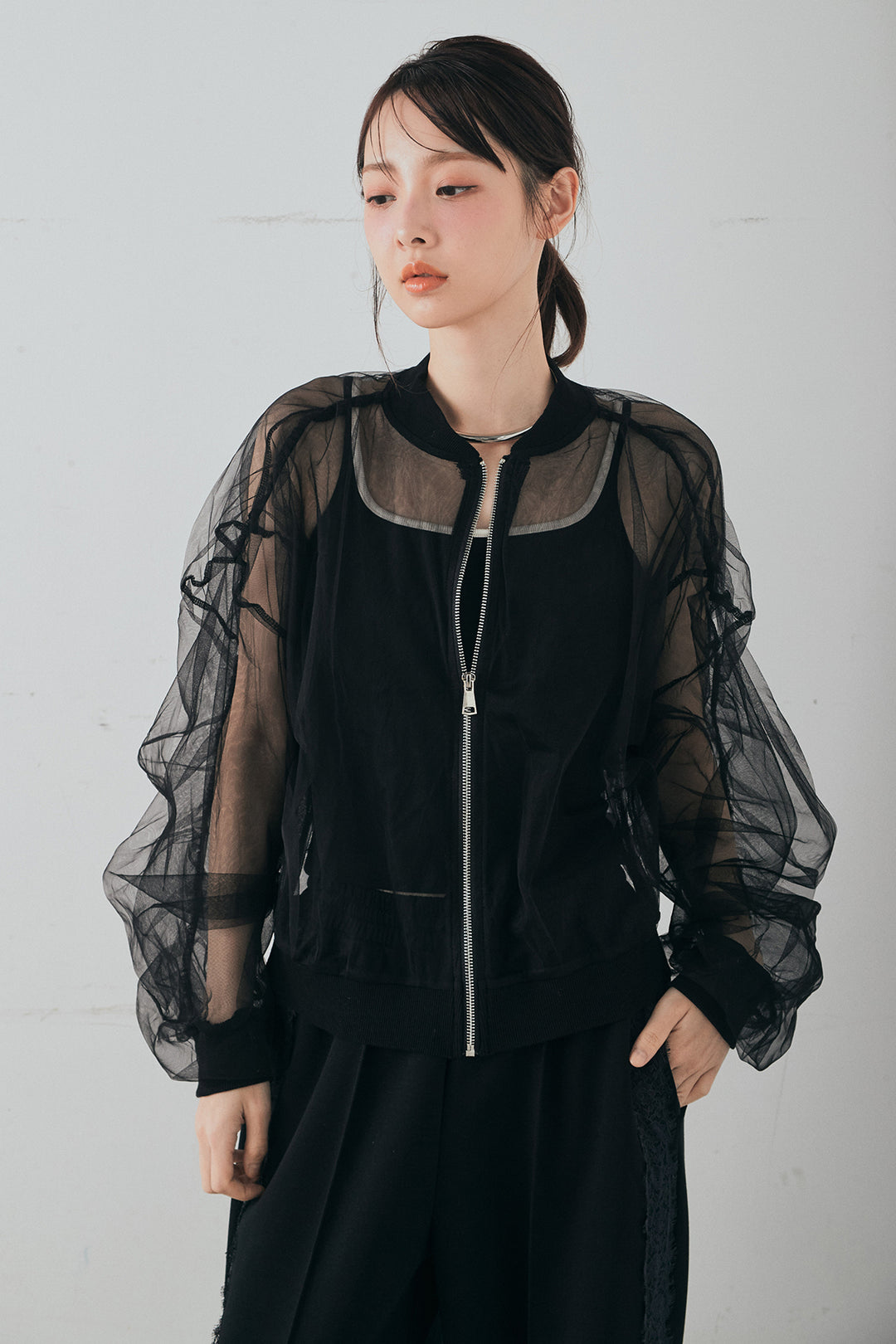 [SET]エアリーチュールスリーブシアーブルゾン+Wフェイスカットソーサイドレースラインパンツ(2set)