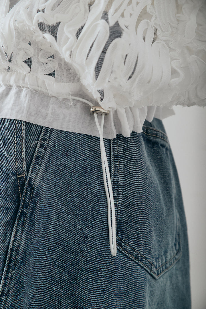 [SET]モチーフ付きシアーブルゾン+デニムロングフレアスカート(2set)