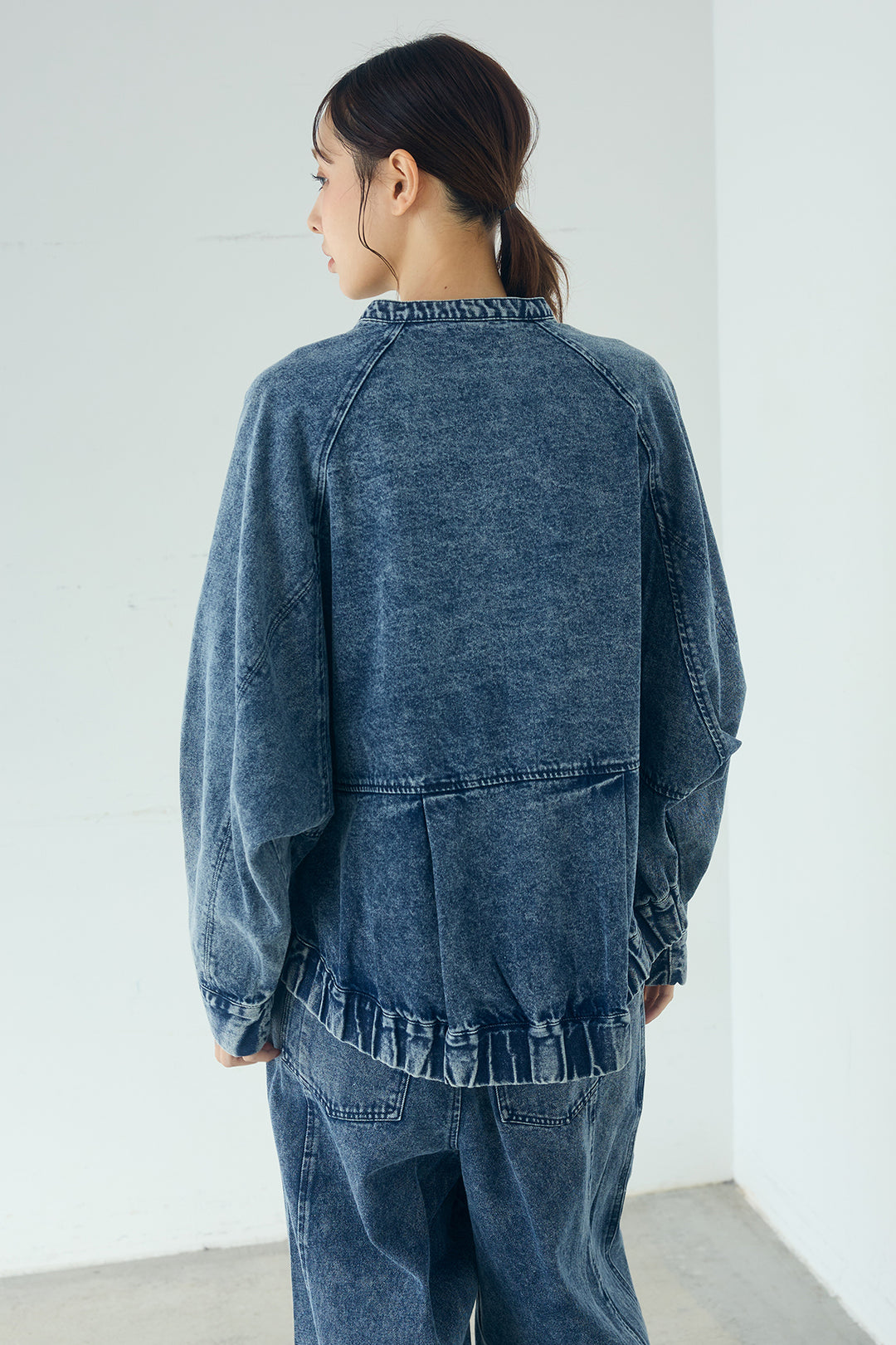 [SET]カラーデニムケミカル加工ノーカラーブルゾン+カラーデニムケミカル加工コクーンパンツ(2set)