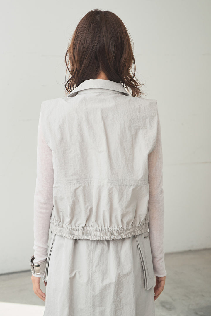 [SET]襟付きナイロンベスト+サイドデザインナイロンスカート+リブシアークルーネック長袖トップス(3set)