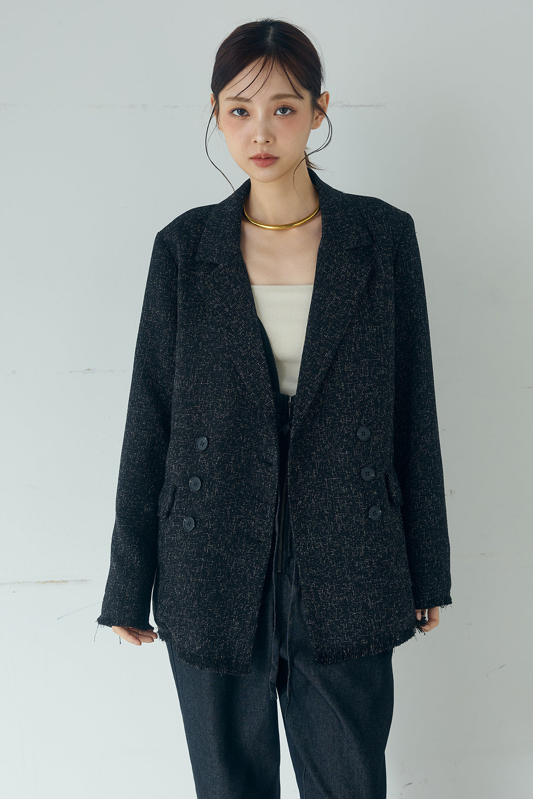 [SET]スラブネップツイードフリンジテーラードジャケット+サイドデザイン入りスウェットパンツ+裾レースキャミソール(3set)