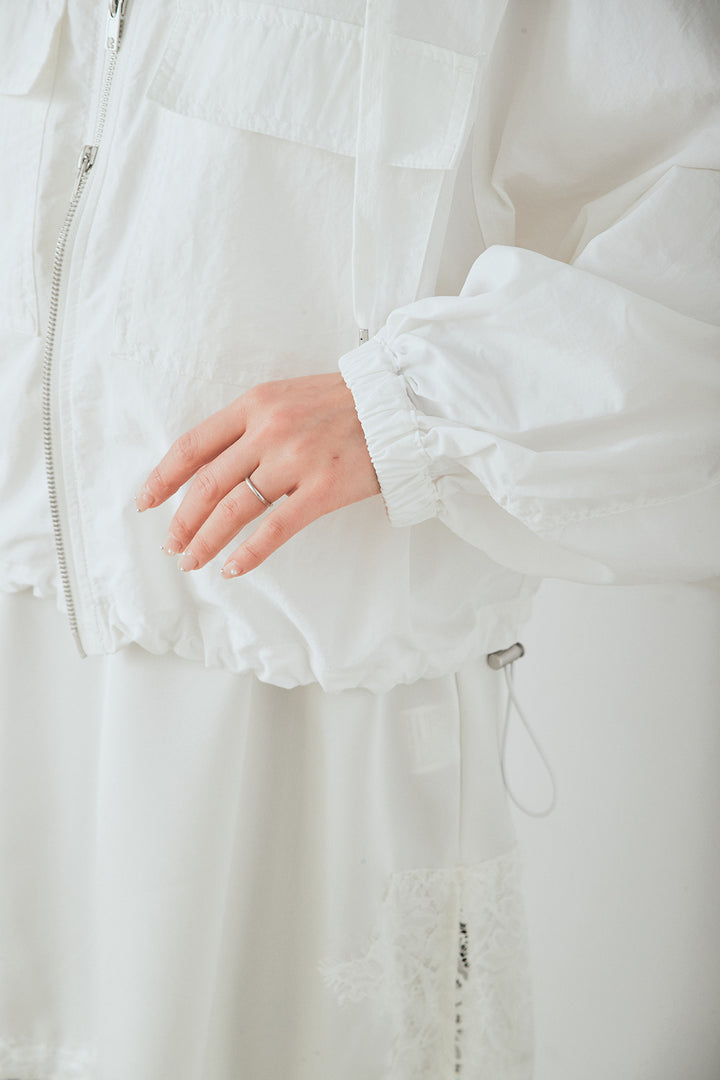 [SET]ナイロンボリュームWジップパーカーブルゾン+サテンレースアシメキャミ+細編みベルト付きパンツ+サテンレースアシメキャミ(3set)