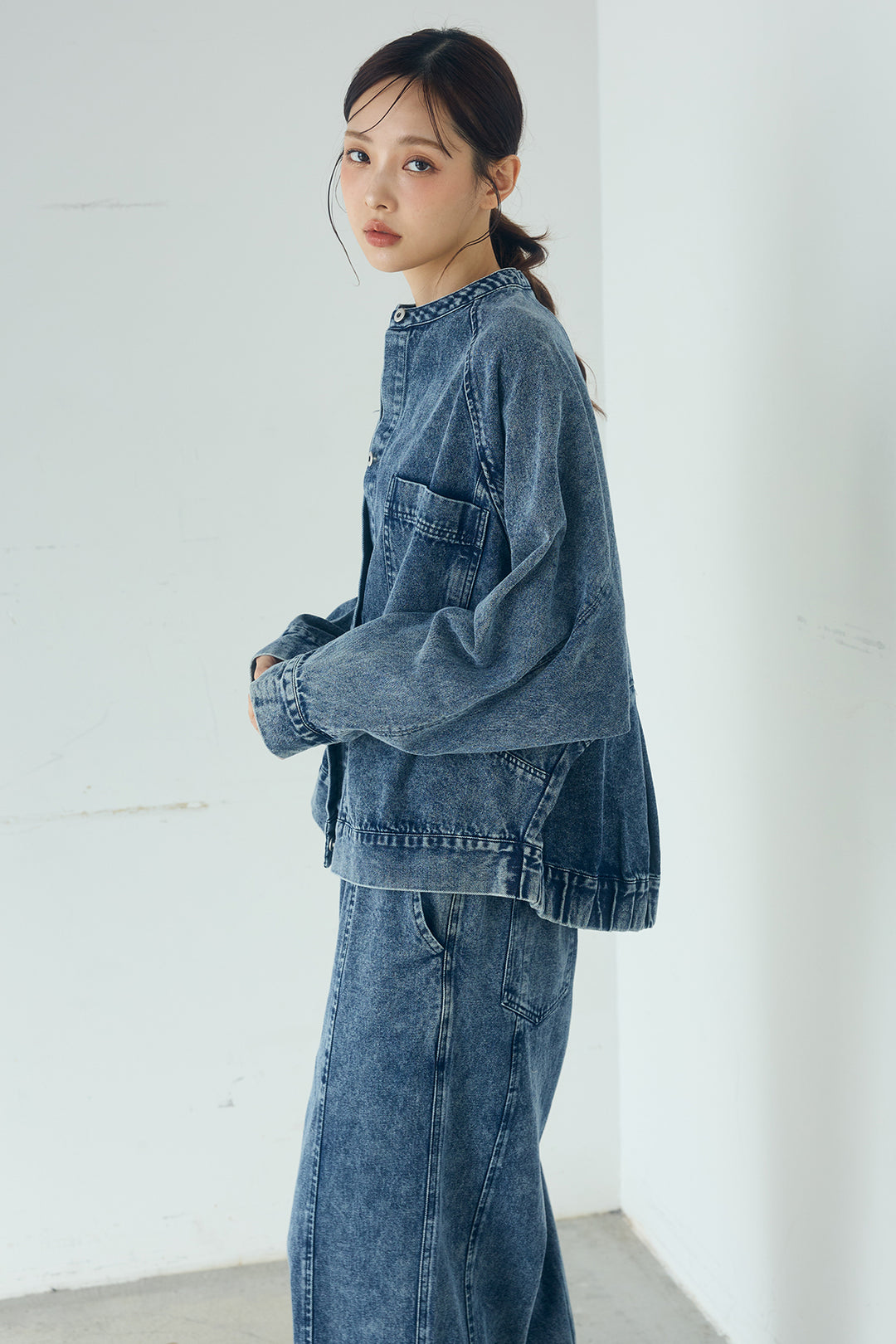 [SET]カラーデニムケミカル加工ノーカラーブルゾン+カラーデニムケミカル加工コクーンパンツ(2set)