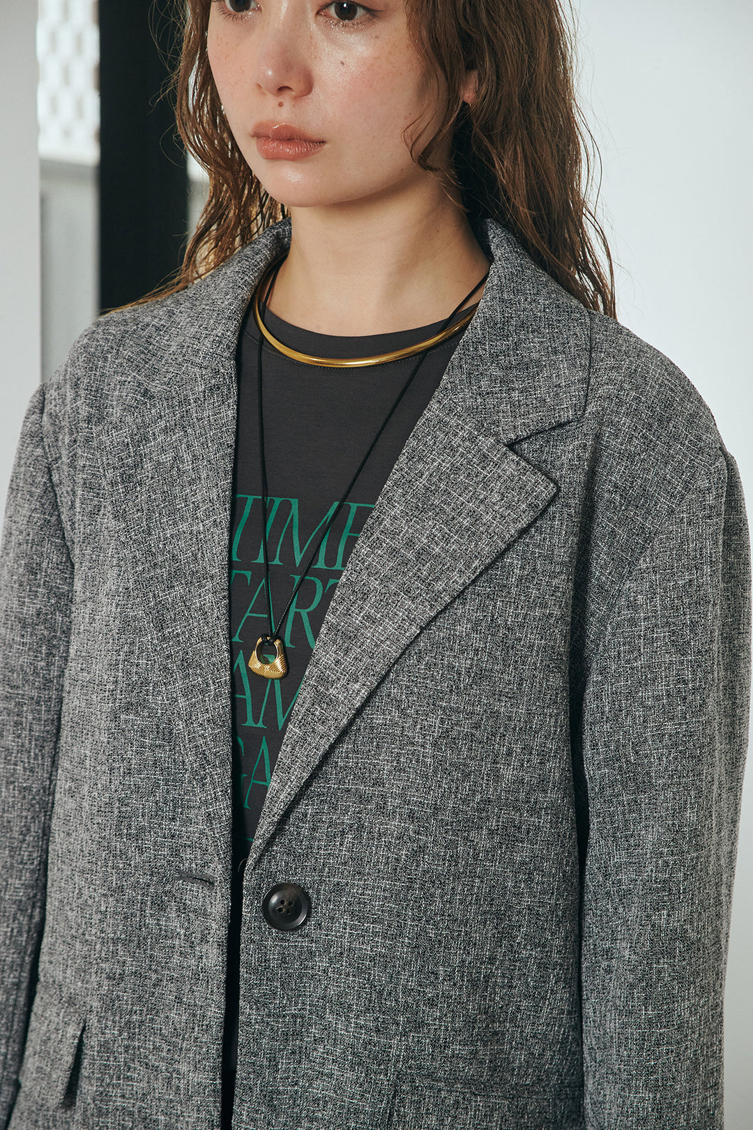 [SET]ミックスツイードベルト付きジャケット+斜めフリンジデザインスカート(2set)