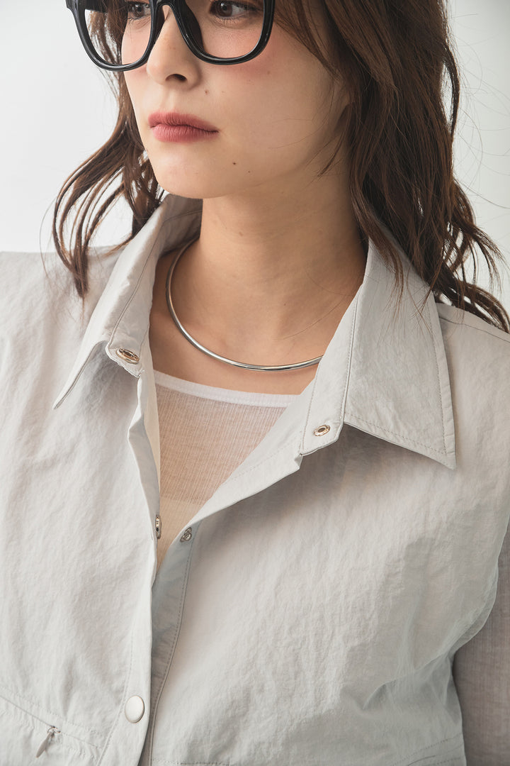 [SET]襟付きナイロンベスト+サイドデザインナイロンスカート+リブシアークルーネック長袖トップス(3set)